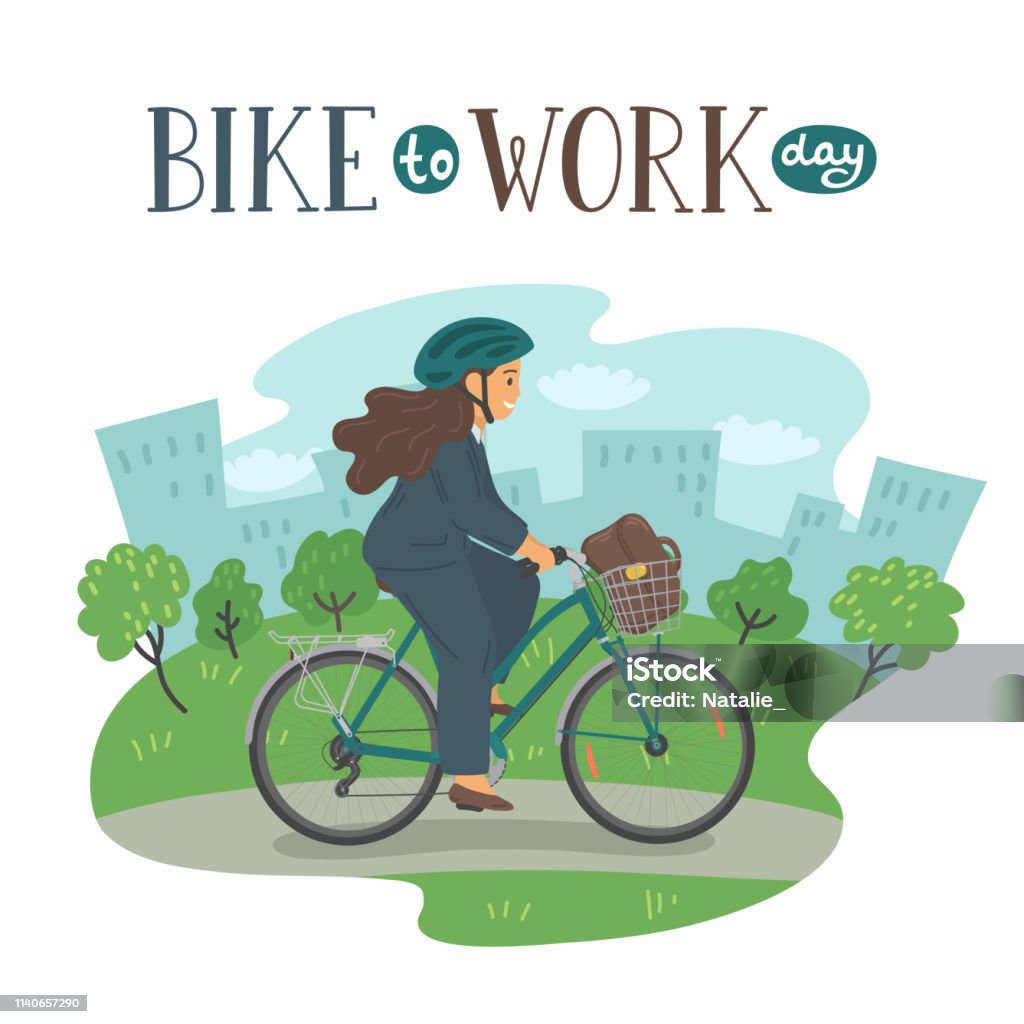 Bike to Work Day. Bike to Work Day. Woman in formal clothes on bike with basket with lettering. Businesswoman with bag cycling in the city park. Cycling stock vector