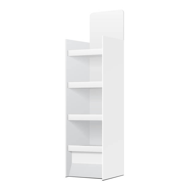istock White POS POI Cardboard Floor Display Rack For Supermarket Blank Empty Displays With Shelves Products On White Background Isolated. Ready For Your Design. Product Packing. Vector EPS10 1140657509