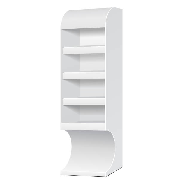 istock White POS POI Cardboard Floor Display Rack For Supermarket Blank Empty Displays With Shelves Products On White Background Isolated. Ready For Your Design. Product Packing. Vector EPS10 1140657662