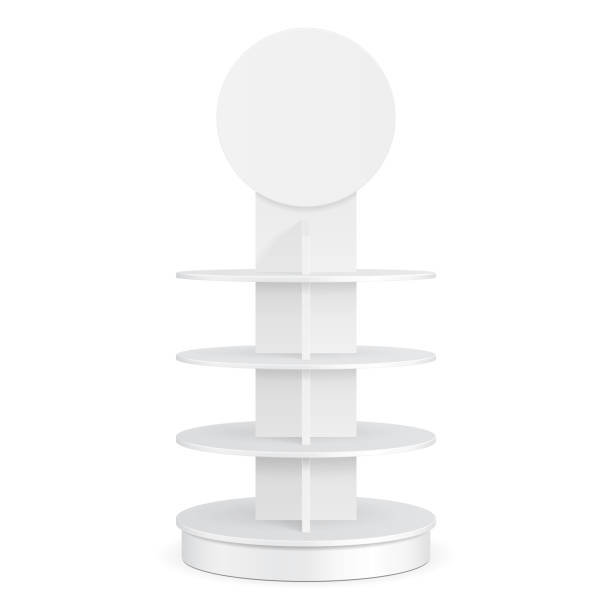 istock White Round POS POI Cardboard Floor Display Rack For Supermarket Blank Empty Displays With Shelves Products On White Background Isolated. Ready For Your Design. Product Packing. Vector EPS10 1140657745
