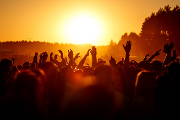 gente celebrando en un verano al aire libre. - concierto fotografías e imágenes de stock