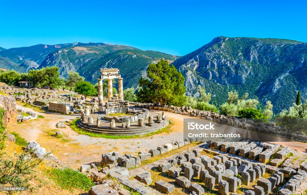 Ruins of temple of Athena Pronaia at Delphi, Greece Delphi Stock Photo