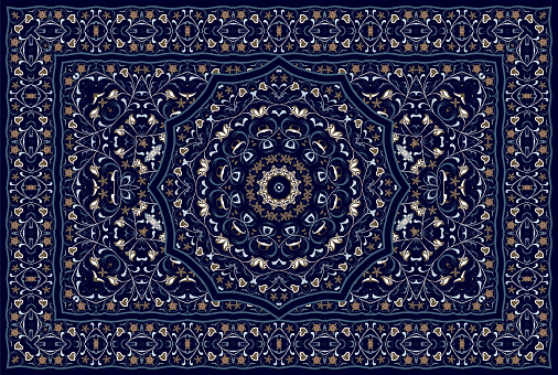 Vintage Arabic pattern. Persian colored carpet. Rich ornament for fabric design, handmade, interior decoration, textiles. Blue background.