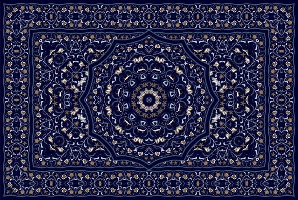 Persian colored carpet. Vintage Arabic pattern. Persian colored carpet. Rich ornament for fabric design, handmade, interior decoration, textiles. Blue background. persian culture stock illustrations
