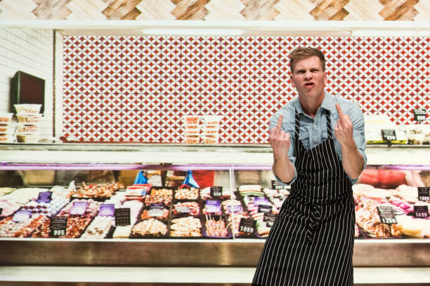Male butcher - he is angry