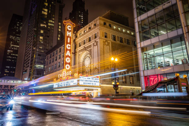 Chicago, USA - November 23, 2018: The Chicago Theater is a landmark theater located on State Street of Chicago, Illinois. Traffic passes in front of the Chicago Theater at night.