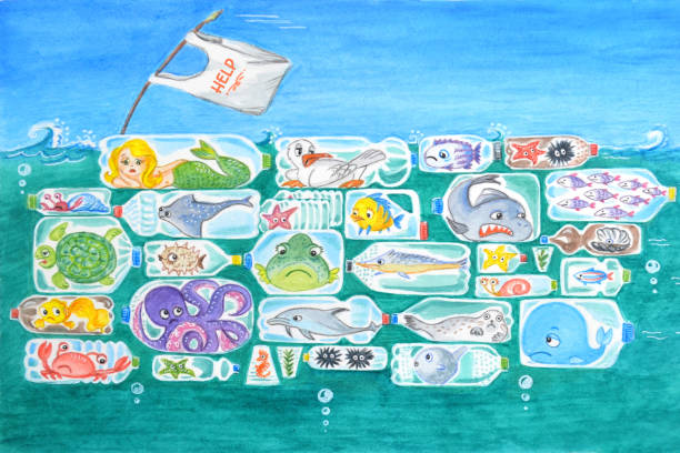istock Sad sea animals in plastic bottles are unhappy with ocean pollution. Inscription Help.  Garbage island moves to the sea. Ecological concept 1140665744