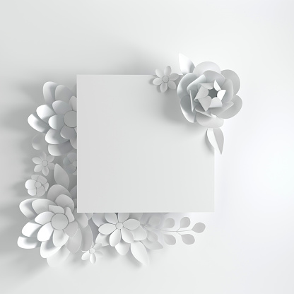 Paper elegant white flowers on white background. Valentine's day, Easter, Mother's day, wedding greeting card. 3d render digital spring or summer flowers illustration in paper art style.