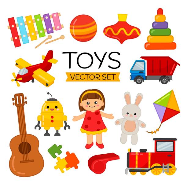 ilustraciones, imágenes clip art, dibujos animados e iconos de stock de conjunto vectorial de juguetes de dibujos animados para niños. - canturrear