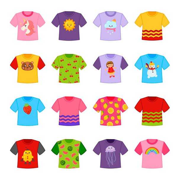 wektorowy zestaw kreskówek różne t-shirty. - shirt letter t t shirt template stock illustrations