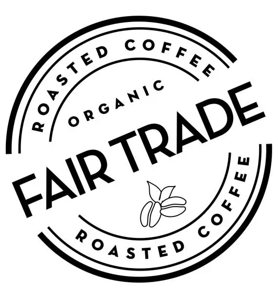 Vector illustration of Fair Trade Roasted Coffee round labels on coffee bean on white background