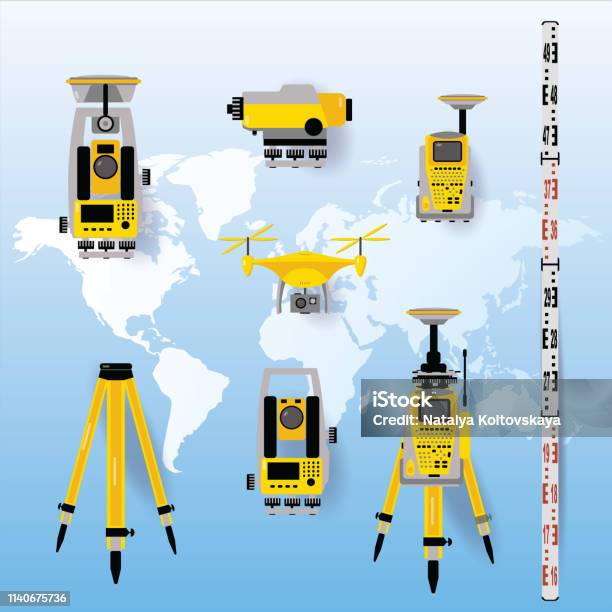 Geodetic Measuring Equipment Engineering Technology For Land Survey On World Map Background Stock Illustration - Download Image Now