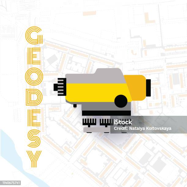 Geodetic Measuring Equipment Engineering Technology For Land Survey On World Map Background Stock Illustration - Download Image Now