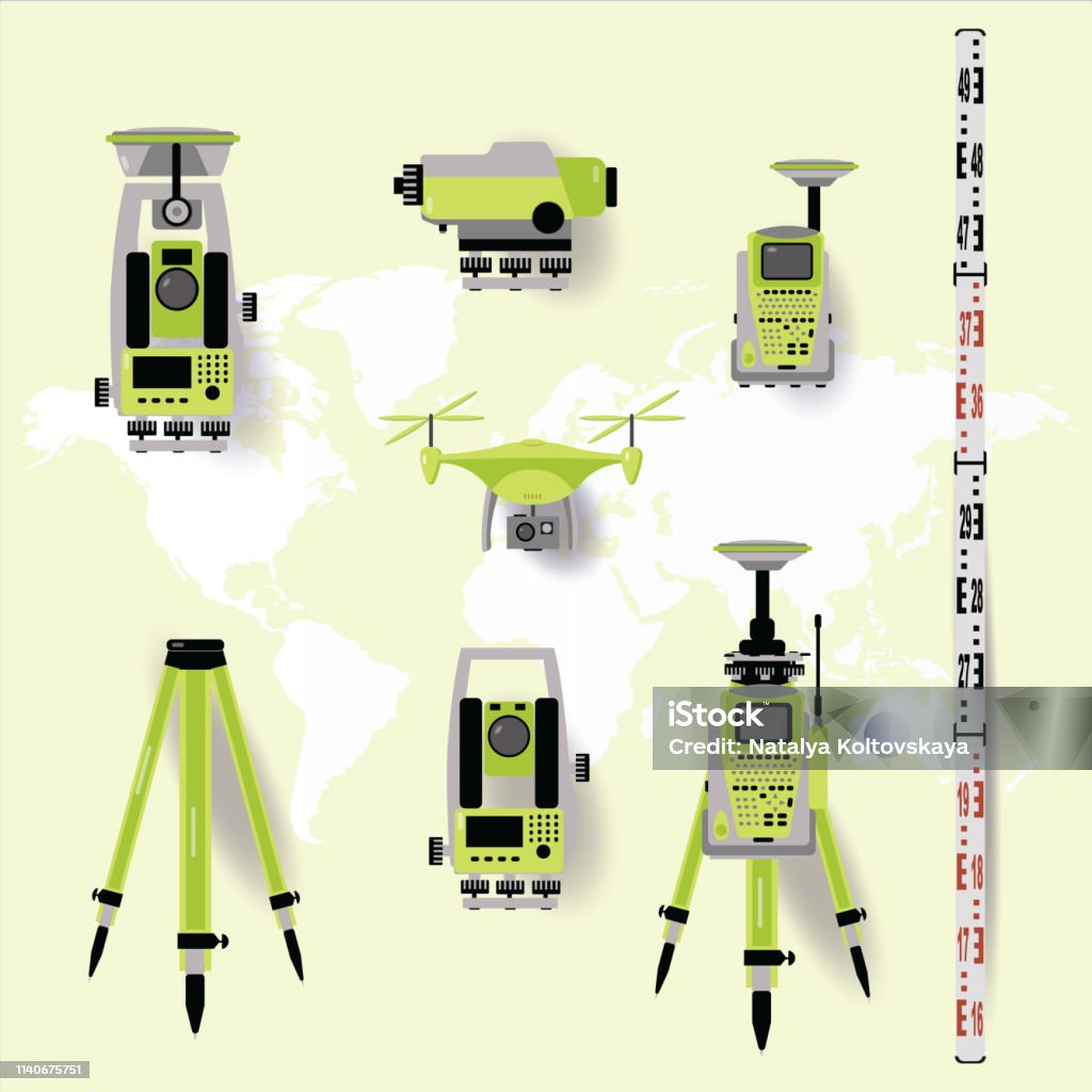 Geodetic measuring equipment, engineering technology for land survey on world map background Geodetic measuring equipment, engineering technology for land survey Cartography stock illustration