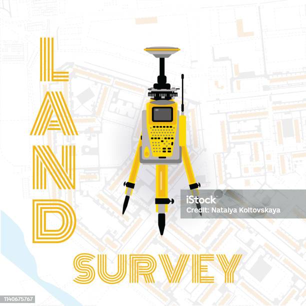 Geodetic Measuring Equipment Engineering Technology For Land Survey On World Map Background Stock Illustration - Download Image Now