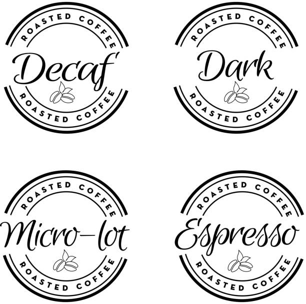 Set of assorted Roasted Coffee round labels on coffee bean on white background Vector illustration of a Coffee round label on white background. Fully editable eps 10.Vector illustration of a Coffee round label on white background background. Fully editable eps 10. decaffeinated stock illustrations