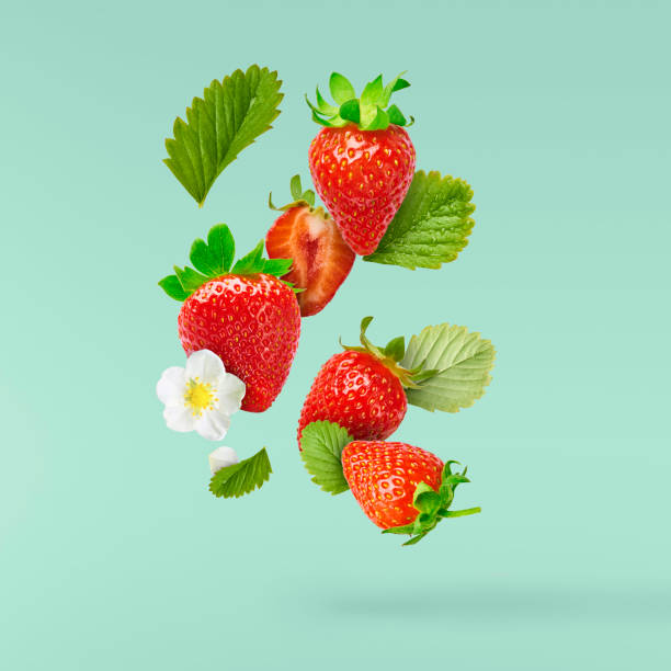 Flying Fresh tasty ripe strawberry with green leaves stock photo