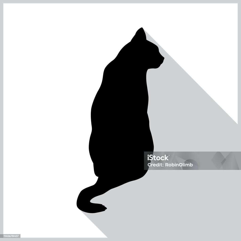 Sitting Black Cat Icon Vector illustration of a black cat with a shadow on a white background with a gray border. Domestic Cat stock vector