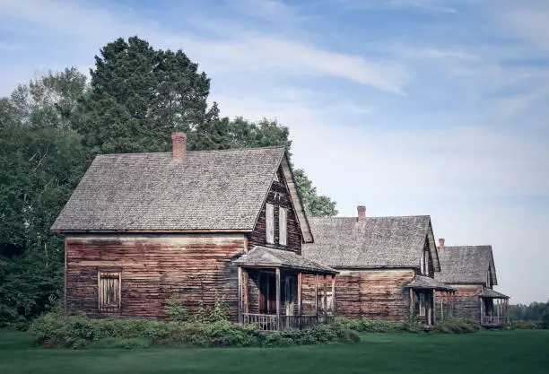 Abandoned village with wooden country houses from old times.