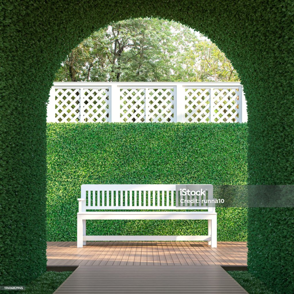 Ivy tunnel 3d render Ivy tunnel 3d render,  There is a curved shape tunnel with a wooden walkway,white lattice fence,furnished with white wood bench. Bench Stock Photo