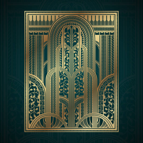Gold art deco panels with fountain on dark turquoise background Gold luxury art deco geometric panels fountain on dark turquoise background fountain stock illustrations
