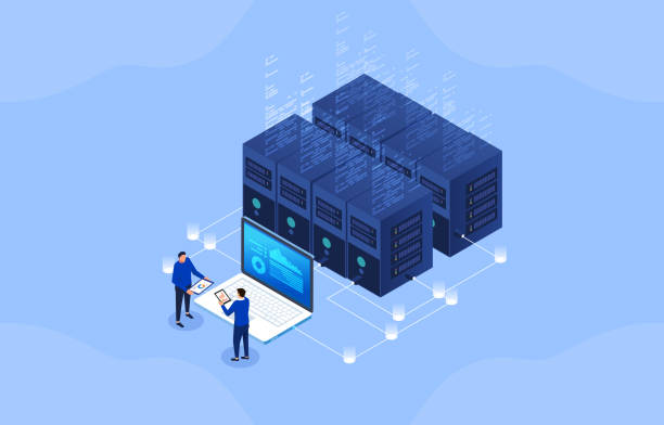serwerownia, nowoczesna technologia sieci finansowej, wizualizacja sieci dużych zbiorów danych - isometric network server computer computer network stock illustrations