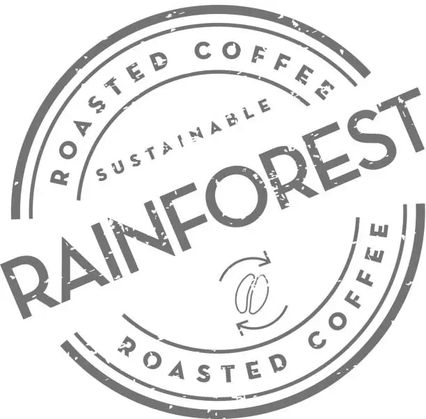 Vector illustration of Sustainable Rainforest Roasted Coffee round labels on coffee bean on white background