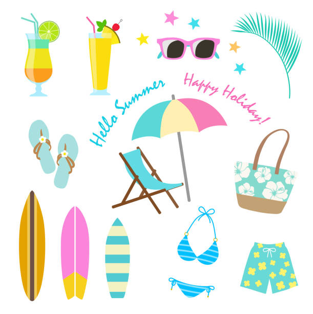 Summer vacation icon set -Beach image- Summer vacation icon set -Beach image- pink beach umbrella stock illustrations