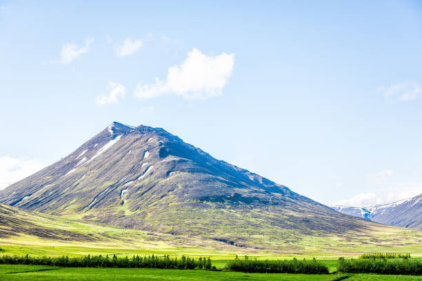 widok na górę sulur w pobliżu akureyri z błękitnym niebem i łąką polową z zieloną trawą podczas słonecznego letniego dnia - nordic countries europe island fjord zdj�ęcia i obrazy z banku zdjęć