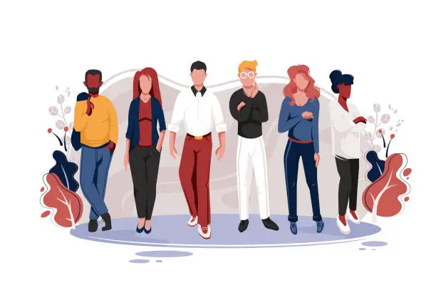 Vector illustration of Flat team with men and women with glasses, red, blonde and dark hair