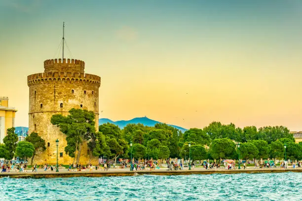 Sunset view of the white tower in Thessaloniki, Greece