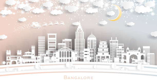 ilustrações de stock, clip art, desenhos animados e ícones de bangalore india city skyline in paper cut style with snowflakes, moon and neon garland. - india bangalore contemporary skyline