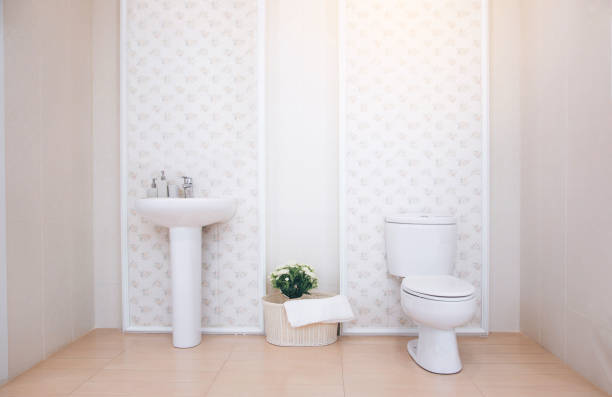 istock View of a spacious and elegant bathroom. Modern spacious bathroom with bright tiles with toilet and sink. 1140702099