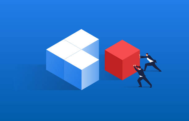 слияние, два купца толкают красные квадраты и другие квадраты вместе - teamwork puzzle business skill stock illustrations