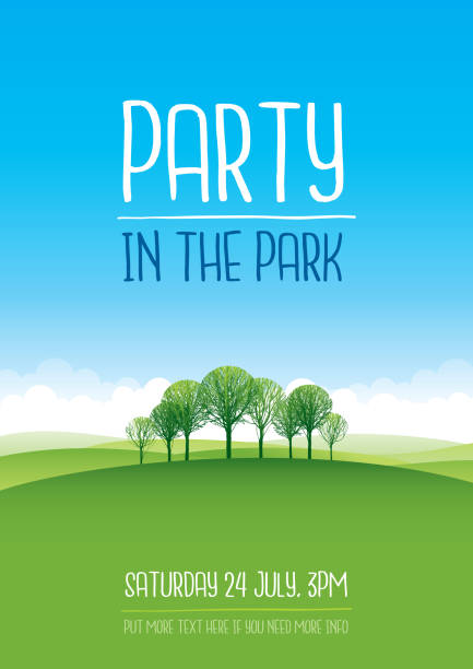 ilustrações de stock, clip art, desenhos animados e ícones de party in the park poster - tree landscape sky grass