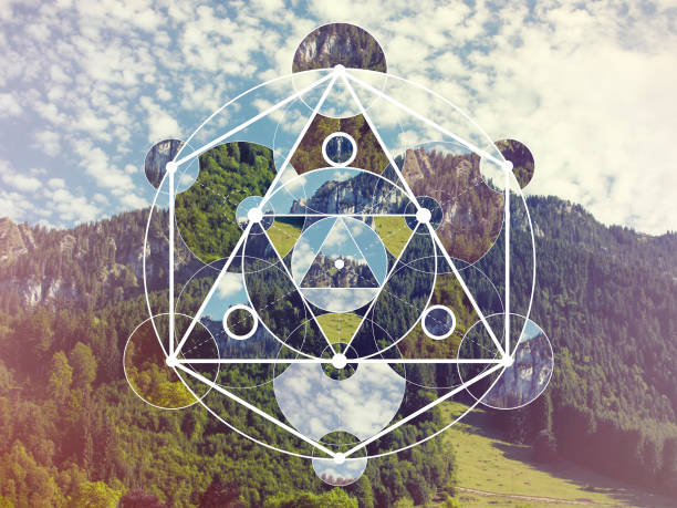 istock Collage with the mountains and forest and the sacred geometry symbol 1140706077