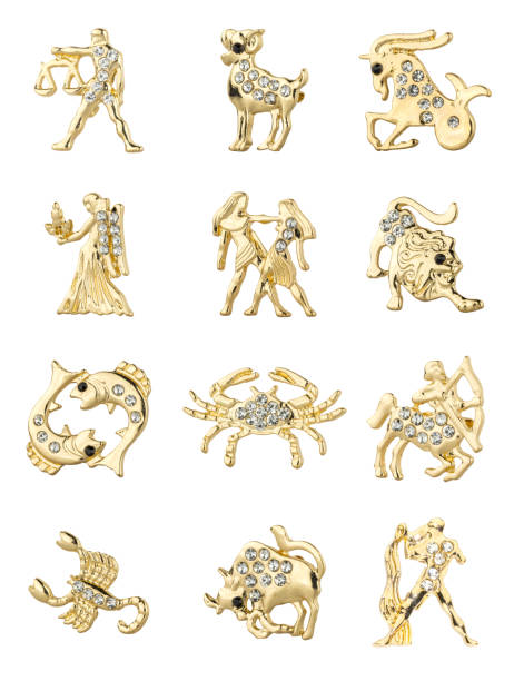 woman zodiac brooches. beautiful collection of brooches in the shape of the zodiac signs, gold with diamonds, isolated on white background, clipping paths included - brooch gold jewelry old fashioned imagens e fotografias de stock