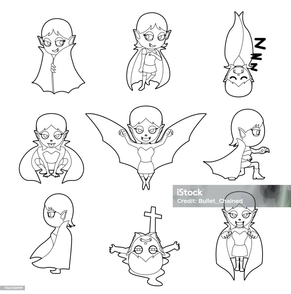 Halloween Character Big Head Poses Vampire Girl Coloring Book Halloween Characters EPS10 File Format Coloring stock vector