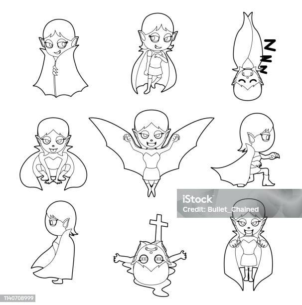Halloween Character Big Head Poses Vampire Girl Coloring Book Stock Illustration - Download Image Now