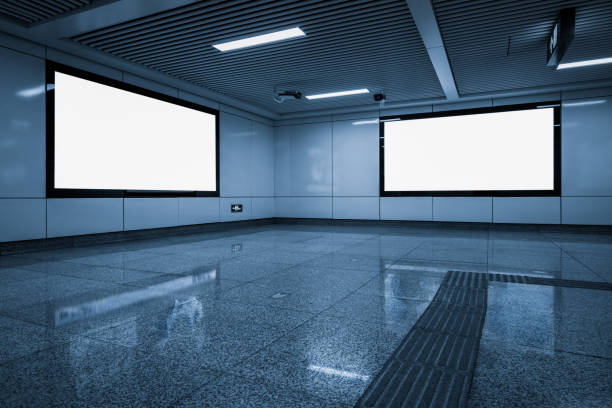 modern hallway of airport or subway station with blank billboards on wall - subway station billboard poster billboard posting imagens e fotografias de stock