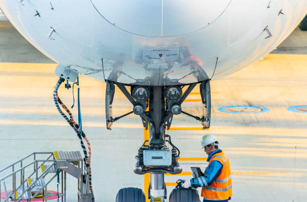 japan airlines airlines machinist überprüfen sie die sauberkeit der räder und fahrwerk. bevor das flugzeug nach oben fliegt. - boeing stock-fotos und bilder