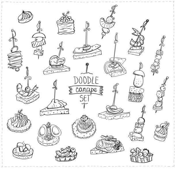 handgezogene doodle-illustration mit kanapes und sandwiches - canape appetizer gourmet salmon stock-grafiken, -clipart, -cartoons und -symbole