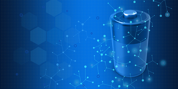 technological battery object on high tech blue background with large copy space