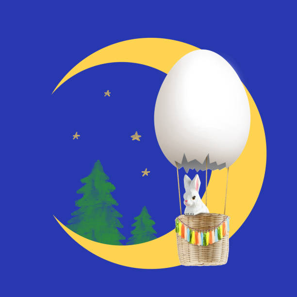 il coniglio è in mongolfiera 3d egg che galleggia fino al cielo sulla scena con la luna, stelle e alberi, concetto di festival di metà autunno, concetto di pasqua - traditional festival adventure air air vehicle foto e immagini stock