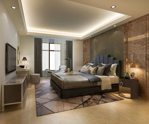 istock 3d rendering beautiful luxury bedroom suite in hotel with tv 1140724087