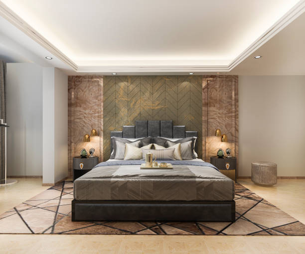 istock 3d rendering beautiful luxury bedroom suite in hotel with tv 1140724088