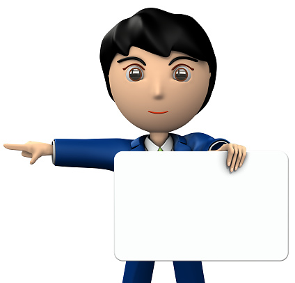 A young businessman holding a message board. She points to the left side. 3D illustration