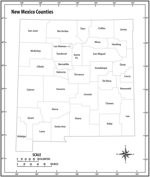 nowy stan meksyk zarys administracyjnej i politycznej mapy wektora w czerni i bieli - new mexico map counties county stock illustrations