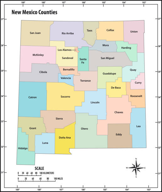 nowy stan meksyk zarys administracyjnej i politycznej mapy wektora w kolorze - new mexico map counties county stock illustrations