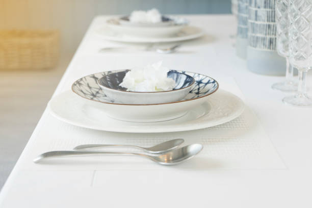 istock White flowers vase with knife and fork on white plate on table 1140725147
